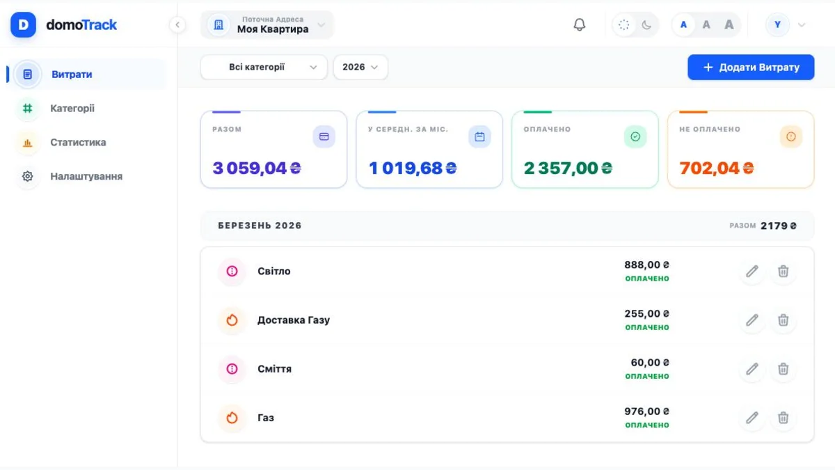 Domotrack expenses screen